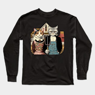 Retro American Gothic Cat Mom Cat Dad Gifts Funny Cat Long Sleeve T-Shirt